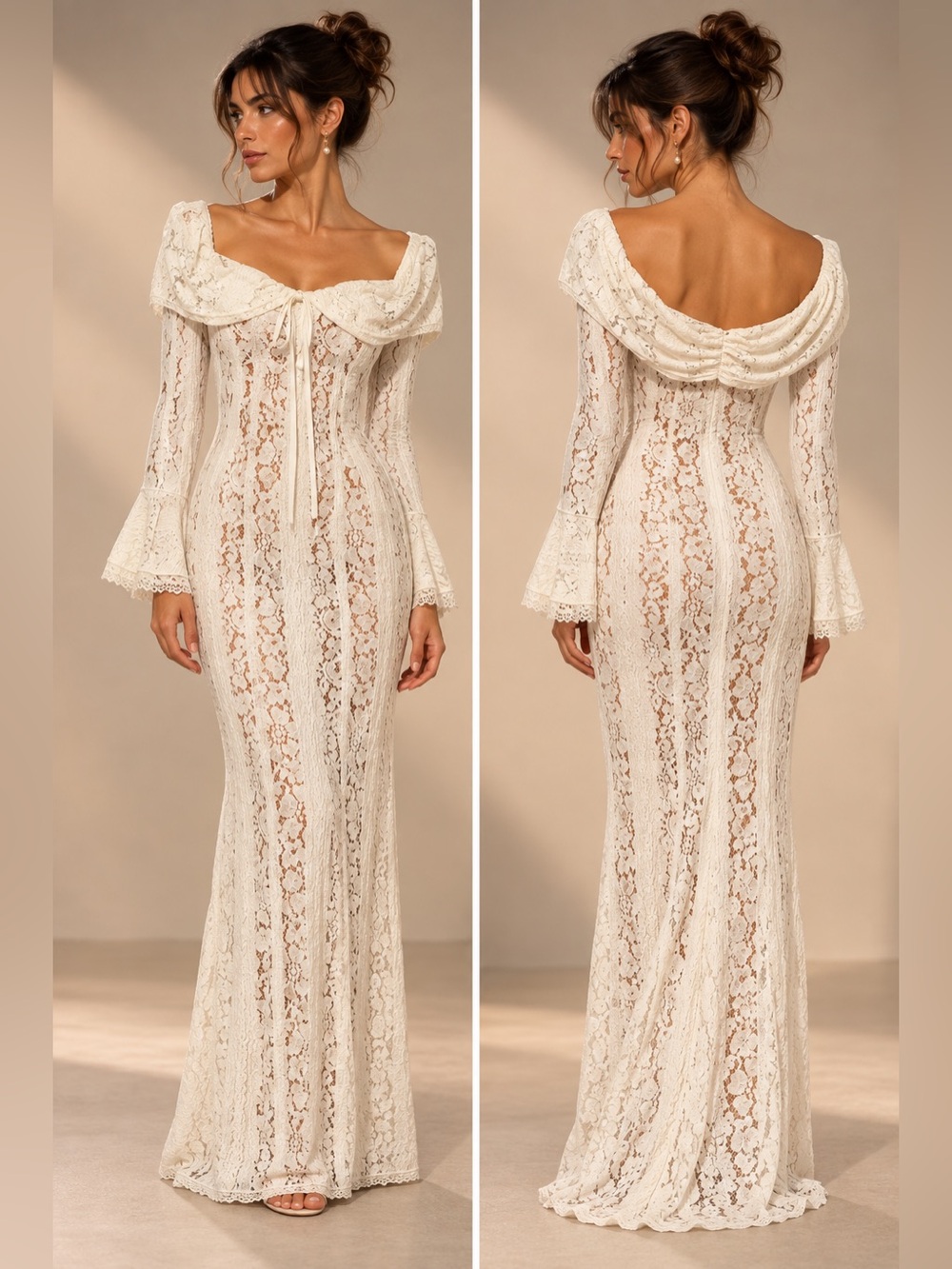 NWOT White Lace Off The Shoulder Prom Dress Mermaid Maxi Bell Sleeve Coquette M